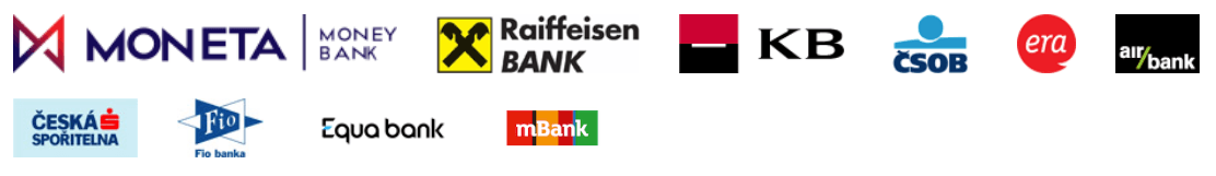 Loga podporovaných bank - Česká spořitelna, ČSOB, Komerční banka, Raiffeisenbank, mBank, Fio banka, Air Bank, Moneta a další